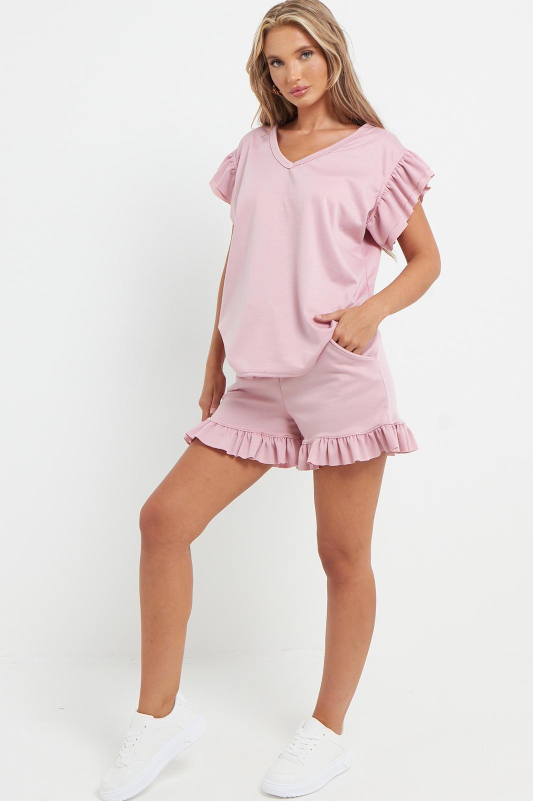 Ladies V Neck Frill Peplum Sleeve Top and Short 2 Piece Tracksuit Set 🇬🇧