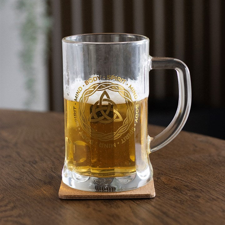 Celtic Triquetra Knot Glass Beer Tankard with Coaster 🇬🇧
