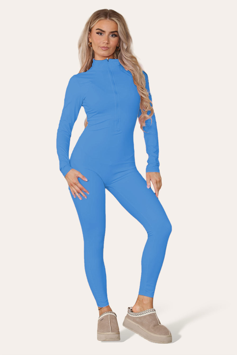 Ribbed High Neck Zipper Collar Jumpsuit Front Unitard Set 🇬🇧