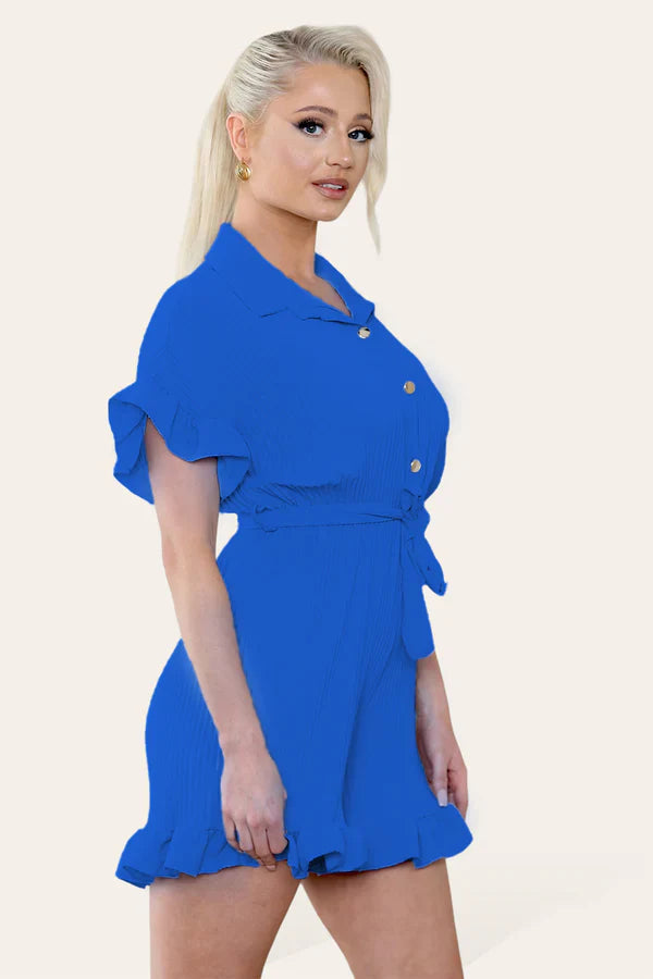 Pleated Ruffle Shirt Short Playsuit With Frill Hems 🇬🇧