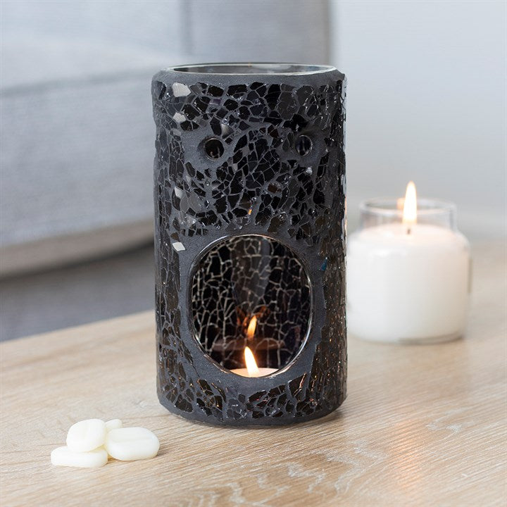 Black Crackle Glass Pillar Oil Burner and Wax Warmer 🇬🇧