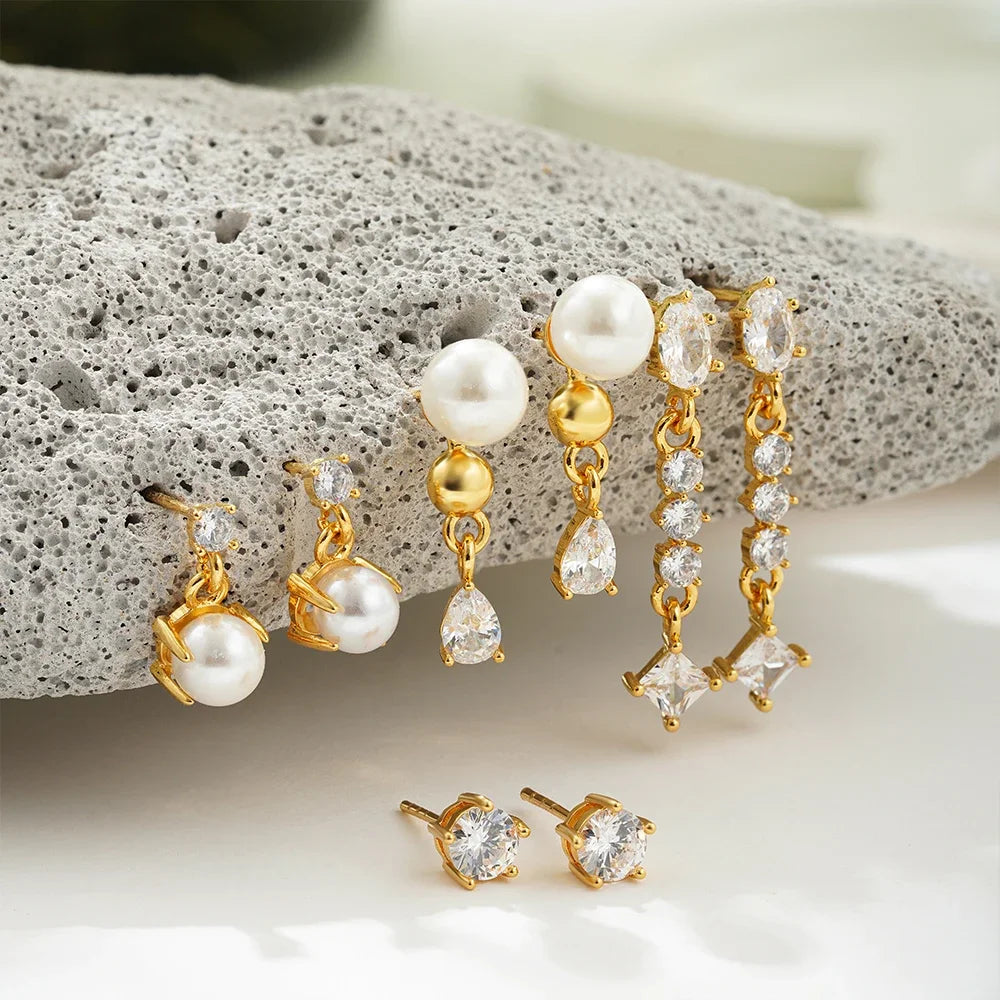 18K Gold Plated 4-Piece Pearl & Cubic Zirconia Stud Earring Set 🇬🇧