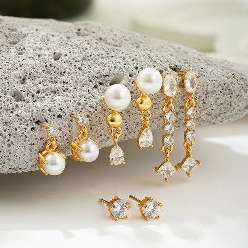18K Gold Plated 4-Piece Pearl & Cubic Zirconia Stud Earring Set 🇬🇧