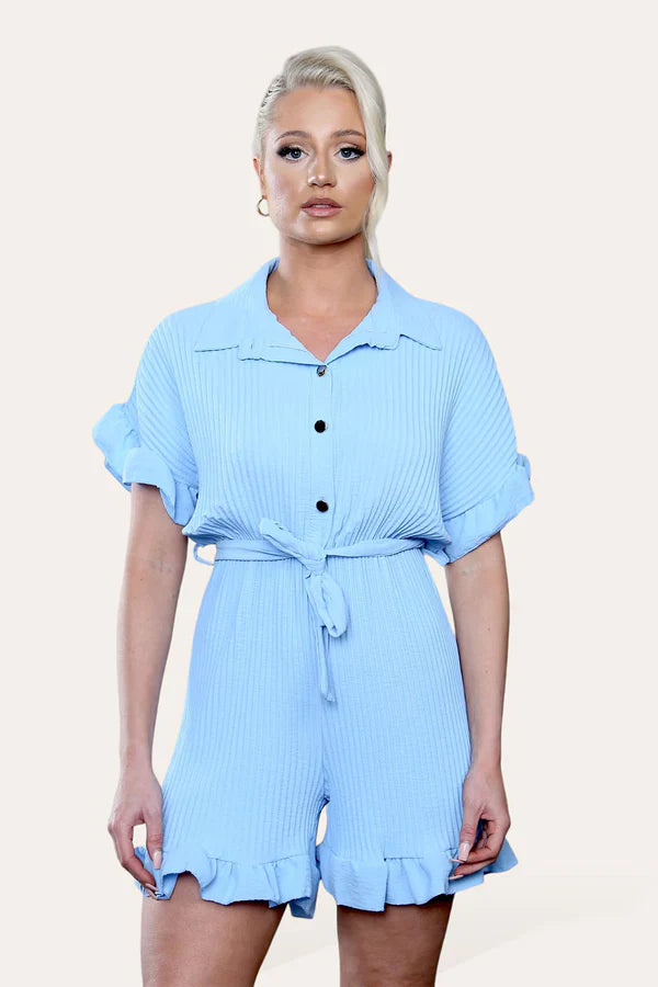 Pleated Ruffle Shirt Short Playsuit With Frill Hems 🇬🇧