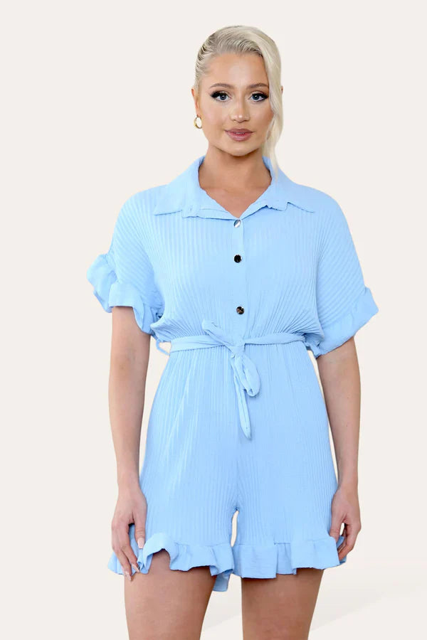 Pleated Ruffle Shirt Short Playsuit With Frill Hems 🇬🇧
