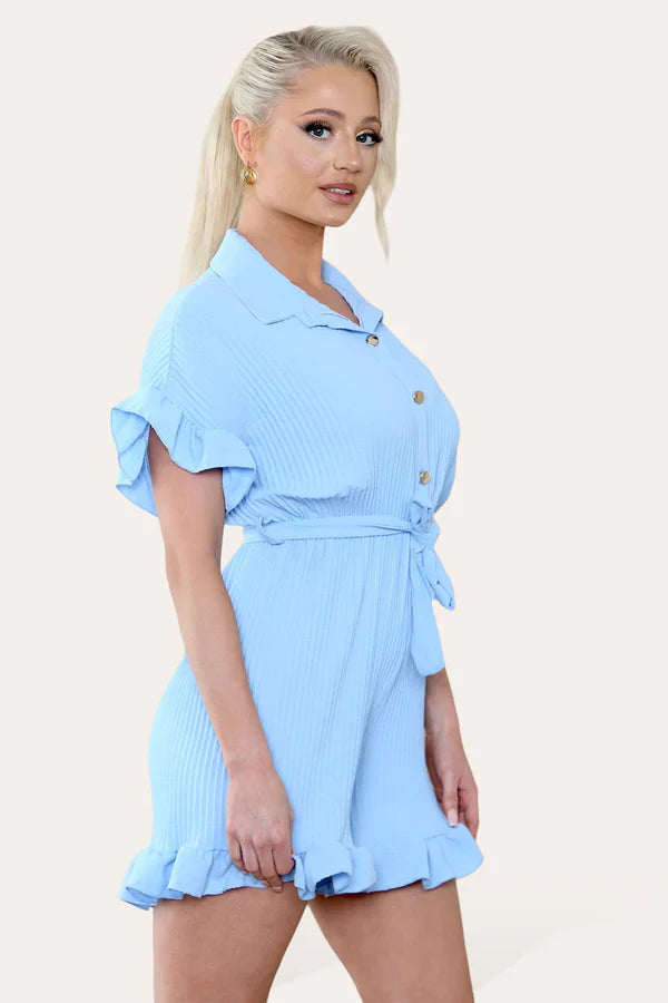 Pleated Ruffle Shirt Short Playsuit With Frill Hems 🇬🇧