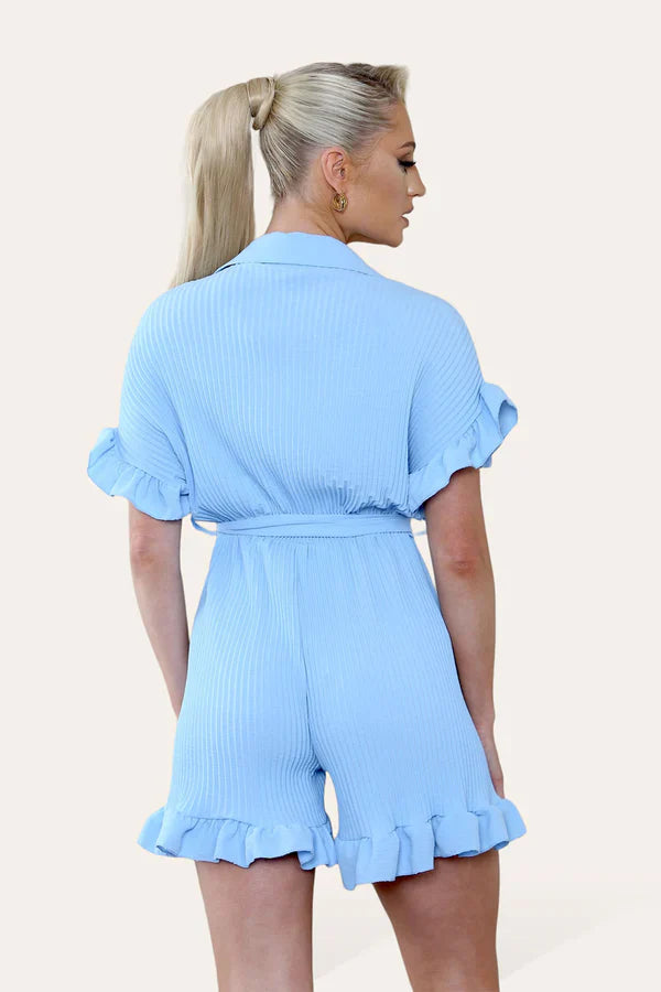 Pleated Ruffle Shirt Short Playsuit With Frill Hems 🇬🇧