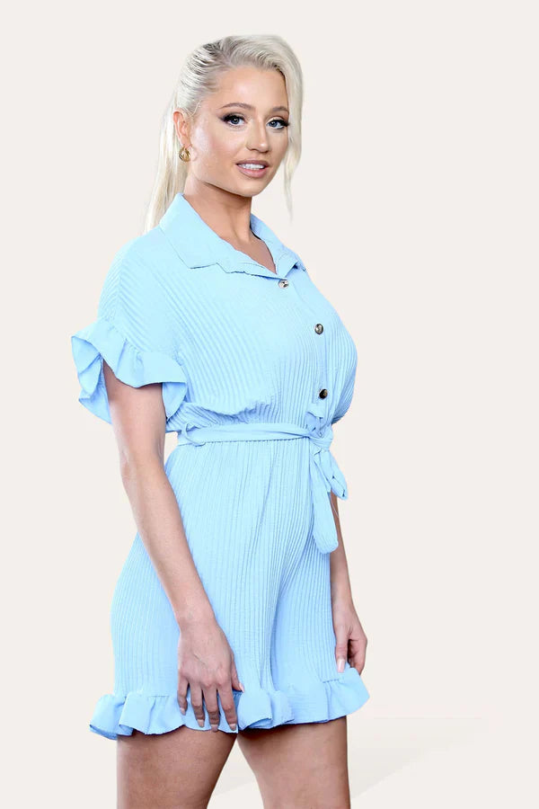Pleated Ruffle Shirt Short Playsuit With Frill Hems 🇬🇧