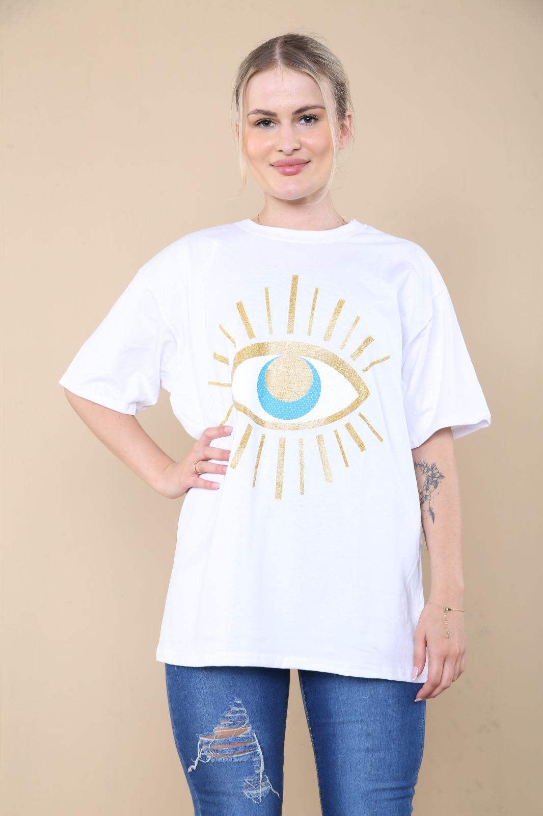 Ladies Oversized Sequin Eye Printed Short Sleeves T Shirt Top 🇬🇧