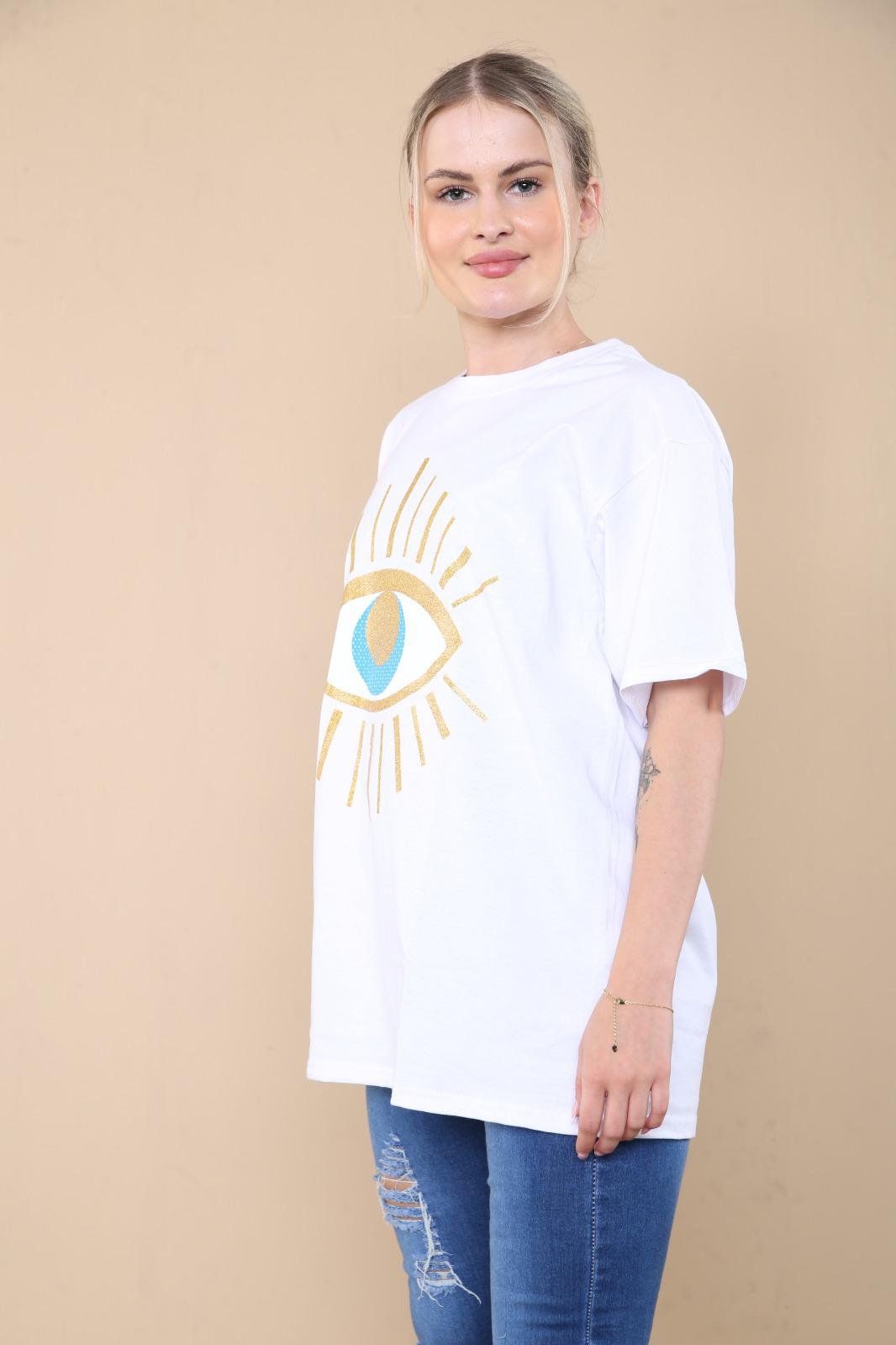Ladies Oversized Sequin Eye Printed Short Sleeves T Shirt Top 🇬🇧