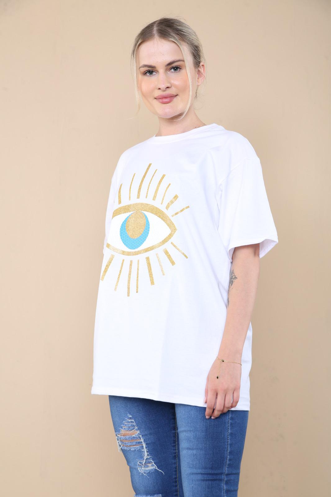 Ladies Oversized Sequin Eye Printed Short Sleeves T Shirt Top 🇬🇧