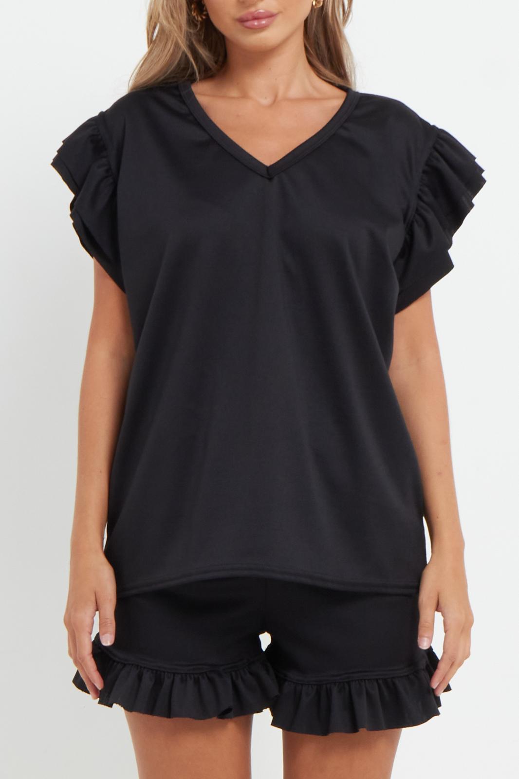 Ladies V Neck Frill Peplum Sleeve Top and Short 2 Piece Tracksuit Set 🇬🇧