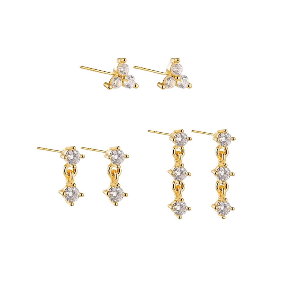 18K Gold 3-Piece Plated Stud Dainty Cubic Zirconia Earring Set 🇬🇧