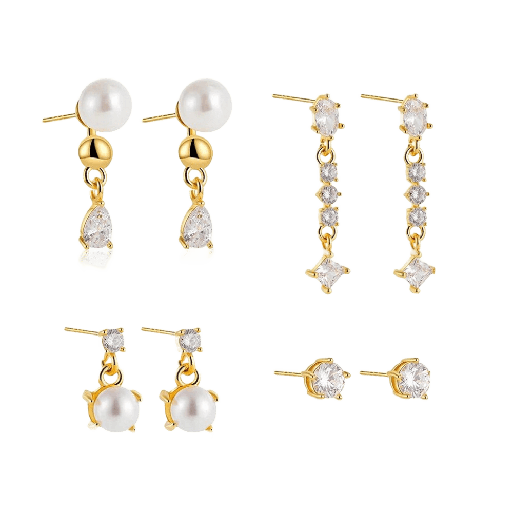 18K Gold Plated 4-Piece Pearl & Cubic Zirconia Stud Earring Set 🇬🇧