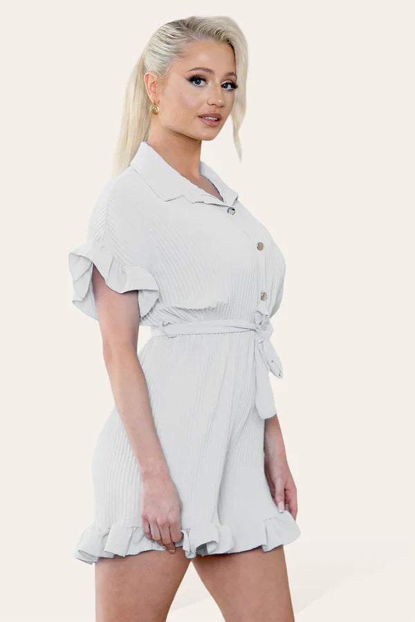 Pleated Ruffle Shirt Short Playsuit With Frill Hems 🇬🇧