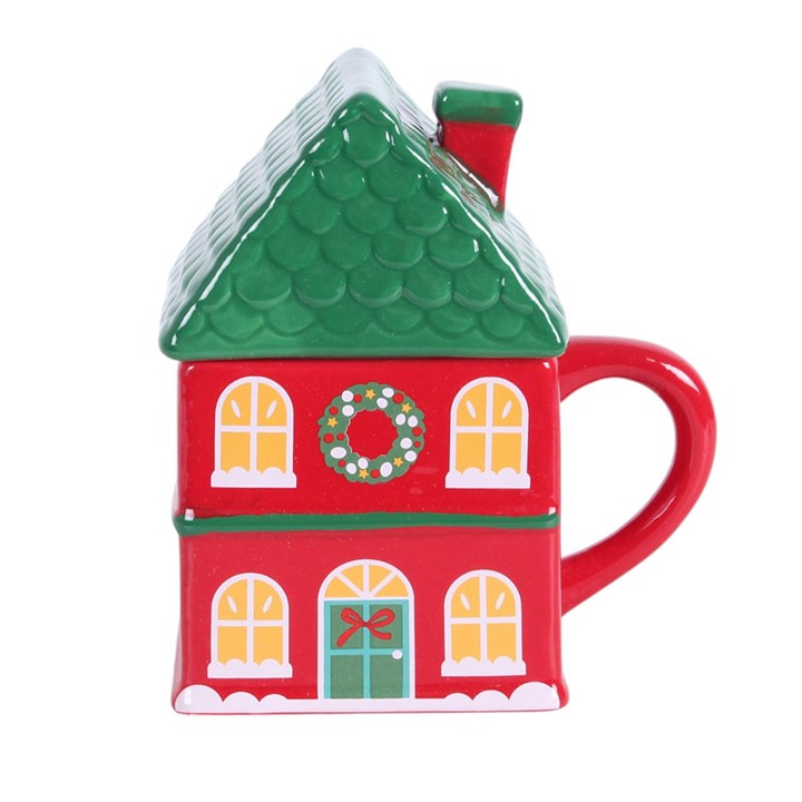 Red Christmas House Lidded Mug 🇬🇧