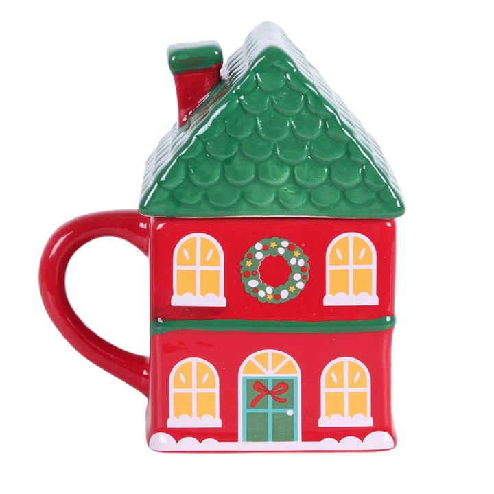 Red Christmas House Lidded Mug 🇬🇧