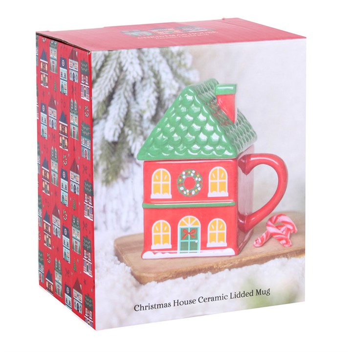 Red Christmas House Lidded Mug 🇬🇧