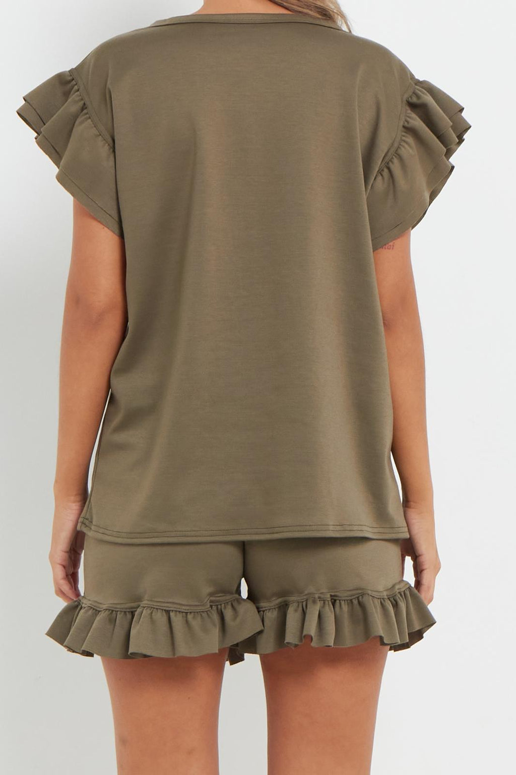 Ladies V Neck Frill Peplum Sleeve Top and Short 2 Piece Tracksuit Set 🇬🇧
