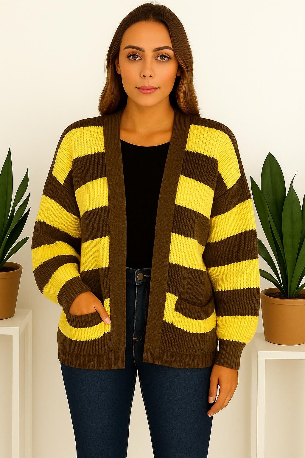 Knitted Stripped Balloon Sleeve Cropped Cardigan 🇬🇧