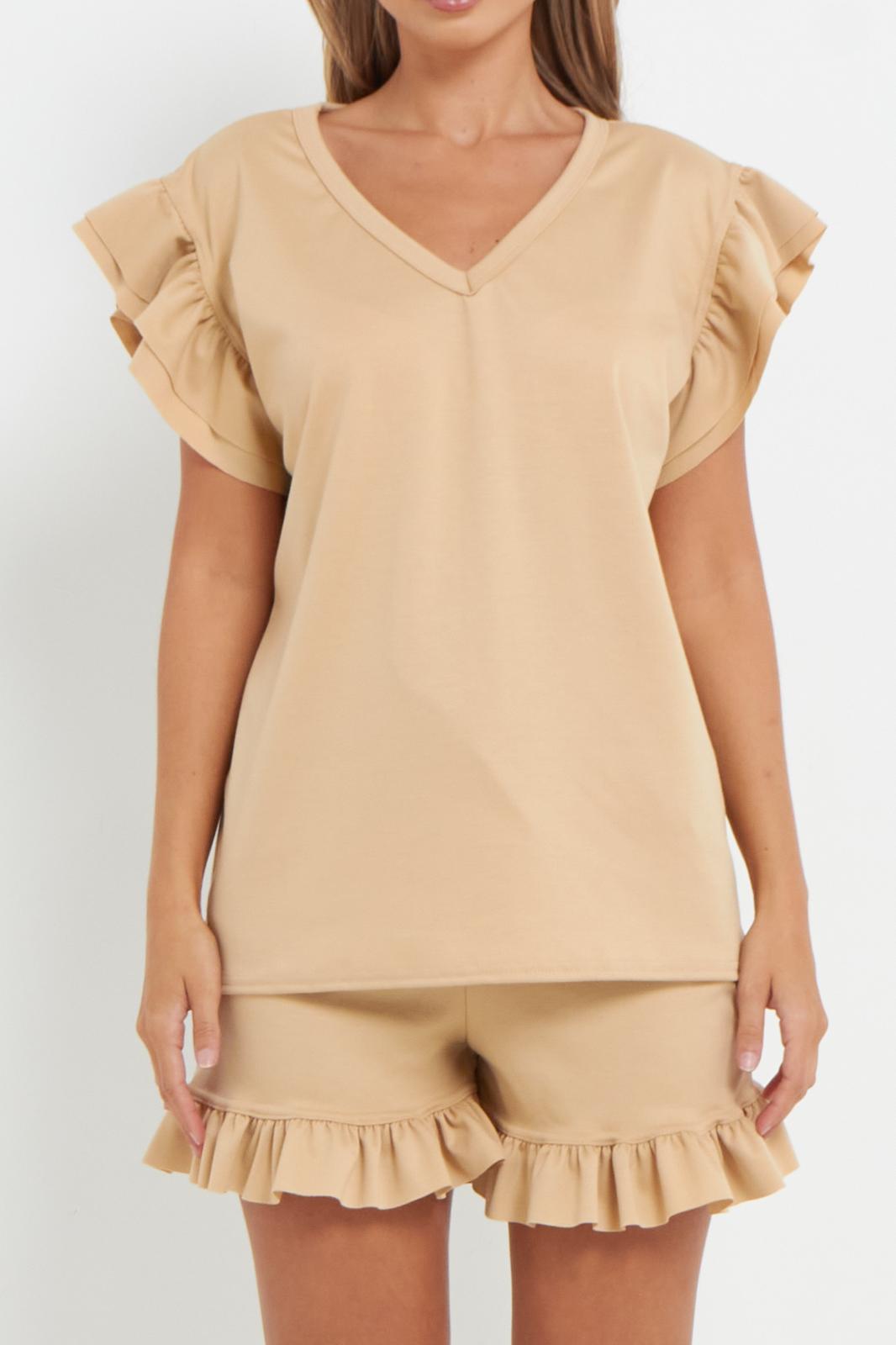 Ladies V Neck Frill Peplum Sleeve Top and Short 2 Piece Tracksuit Set 🇬🇧