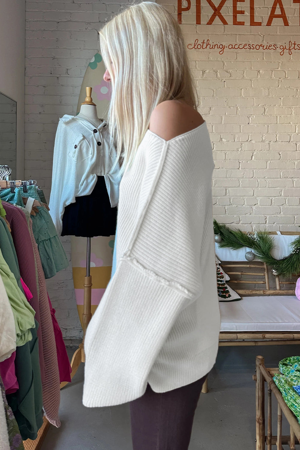 White Asymmetric Neck Drop Shoulder Baggy Slouchy Sweater 🇺🇸