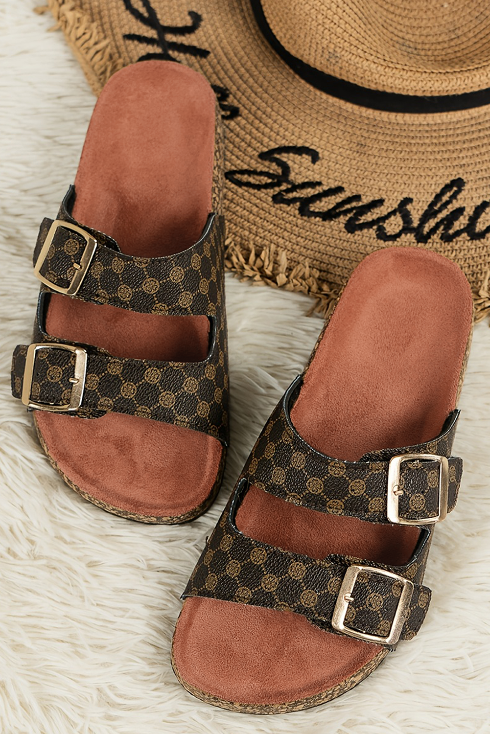 Coffee Geometric Print Cut Out Buckle PU Leather Flat Slippers 🇨🇳