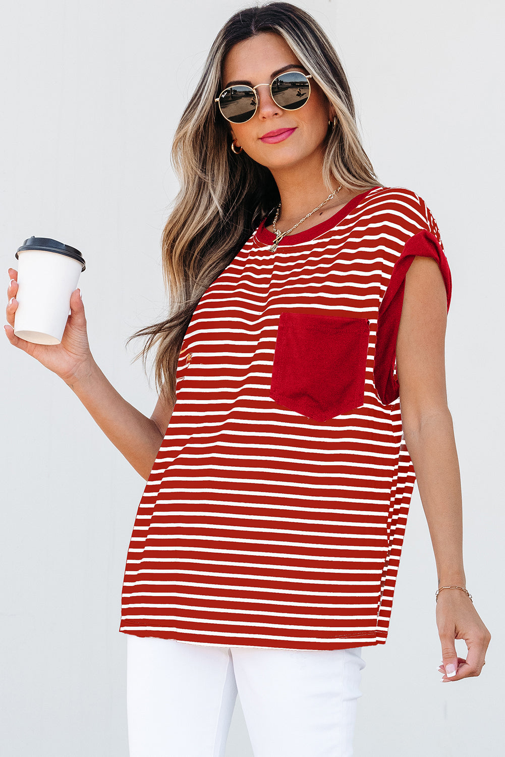 Red Stripe Chest Pocket Patch Round Neck Tank Top 🇨🇳