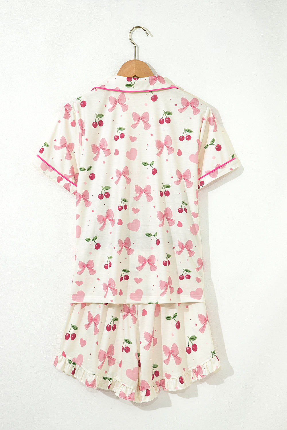 Beige Bow Fruit Print Contrast Pipping Short Pajamas Set 🇨🇳