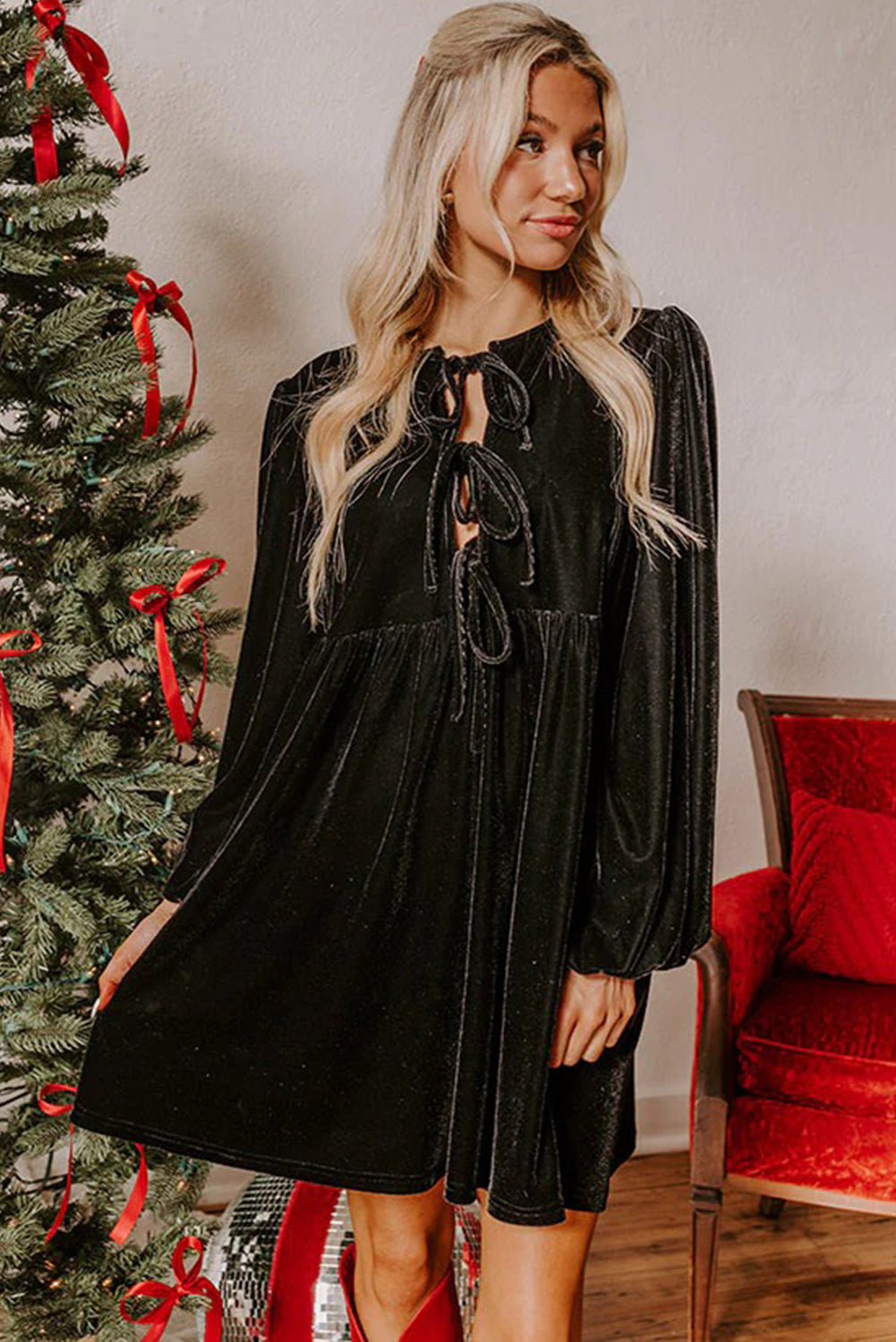 Black Front Tie Velvet Bubble Sleeve Mini Dress 🇺🇸