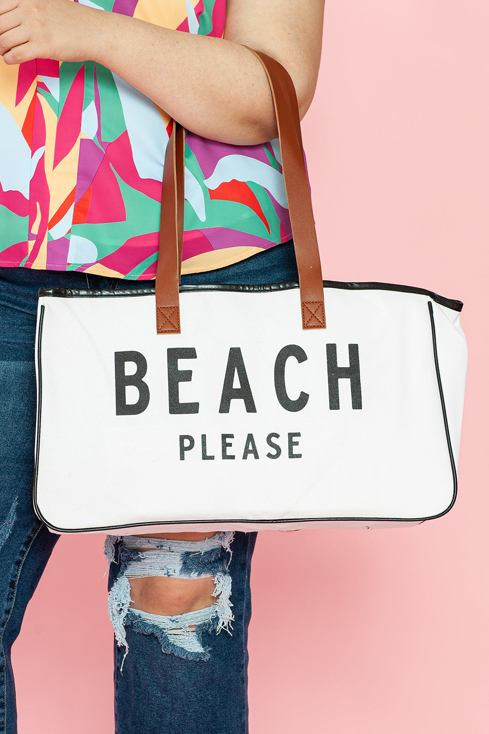 White BEACH PLEASE Print Large Canvas Tote Bag 🇨🇳