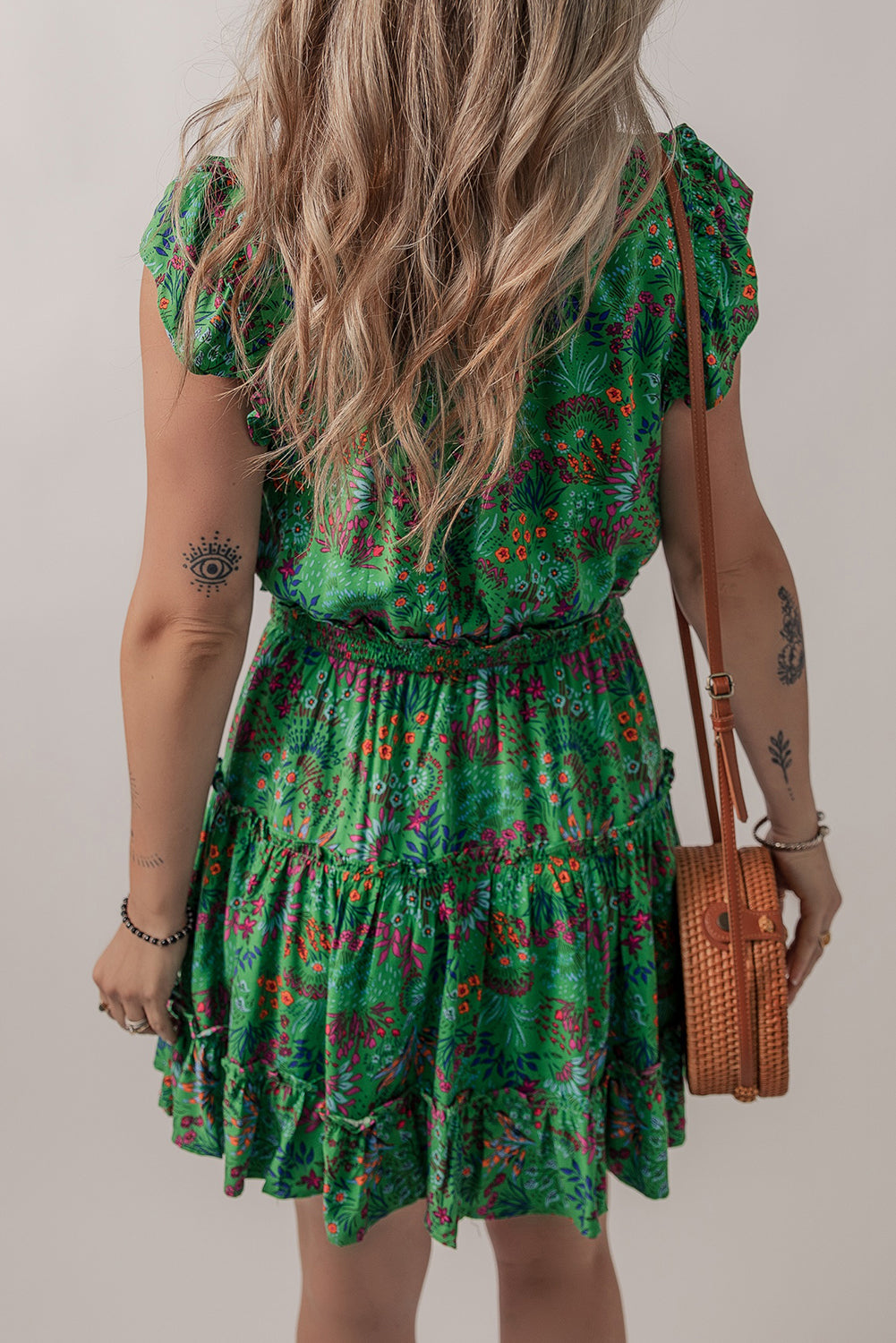 Green Floral Tie Split Neck Frilly Ruffle Trim Tiered Short Dress 🇺🇸