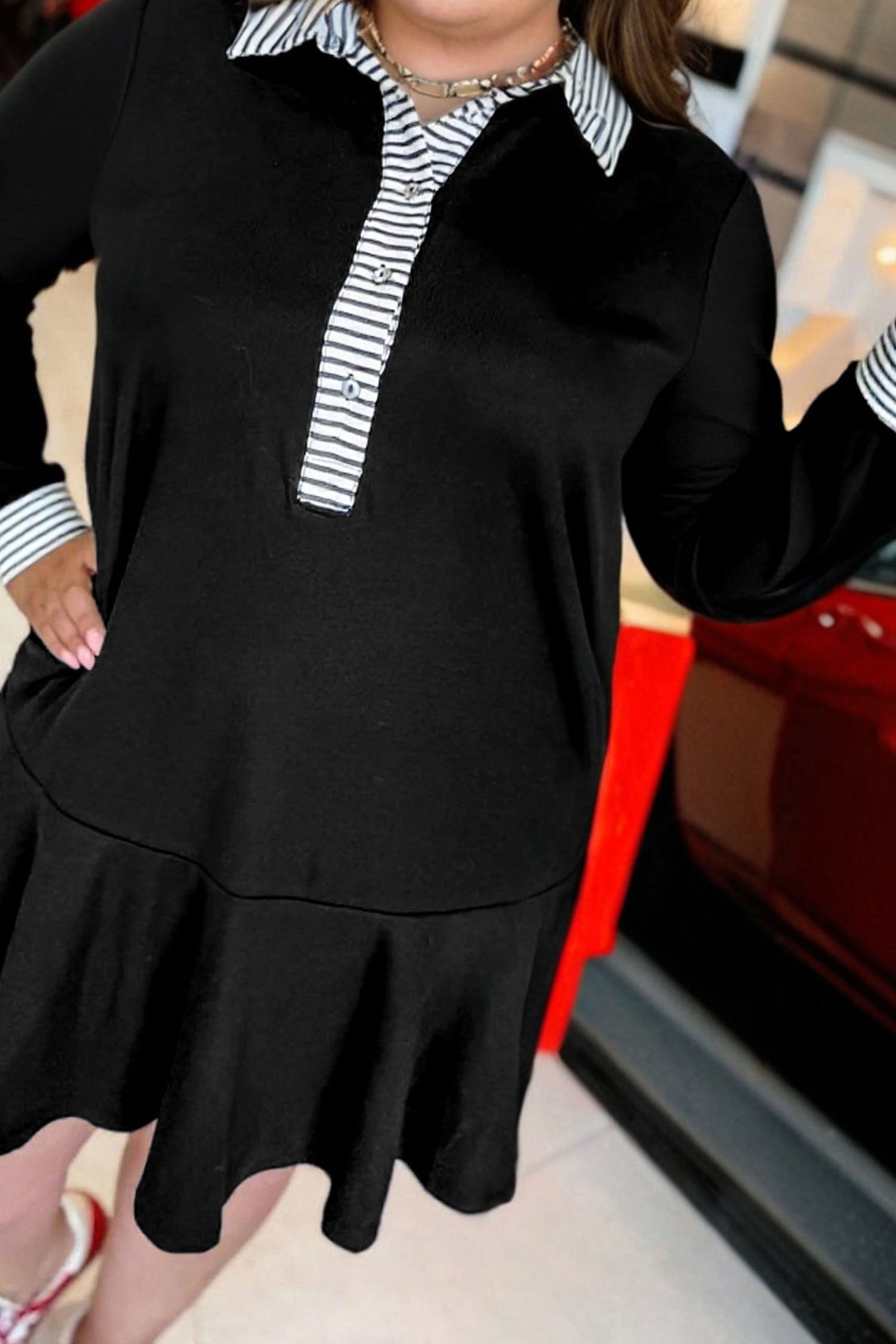 Black Plus Size Striped Cuffs Polo Collar Patchwork Long Sleeve Ruffle Hem Dress 🇺🇸