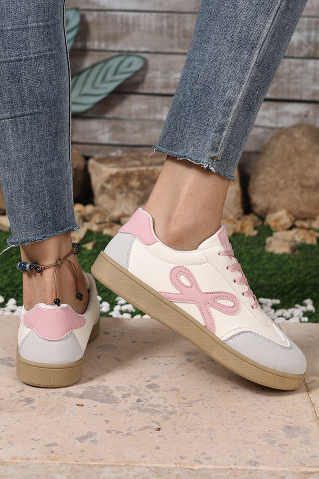 Pink Cute Bow Patch Color Block PU Leather Sneakers 🇺🇸