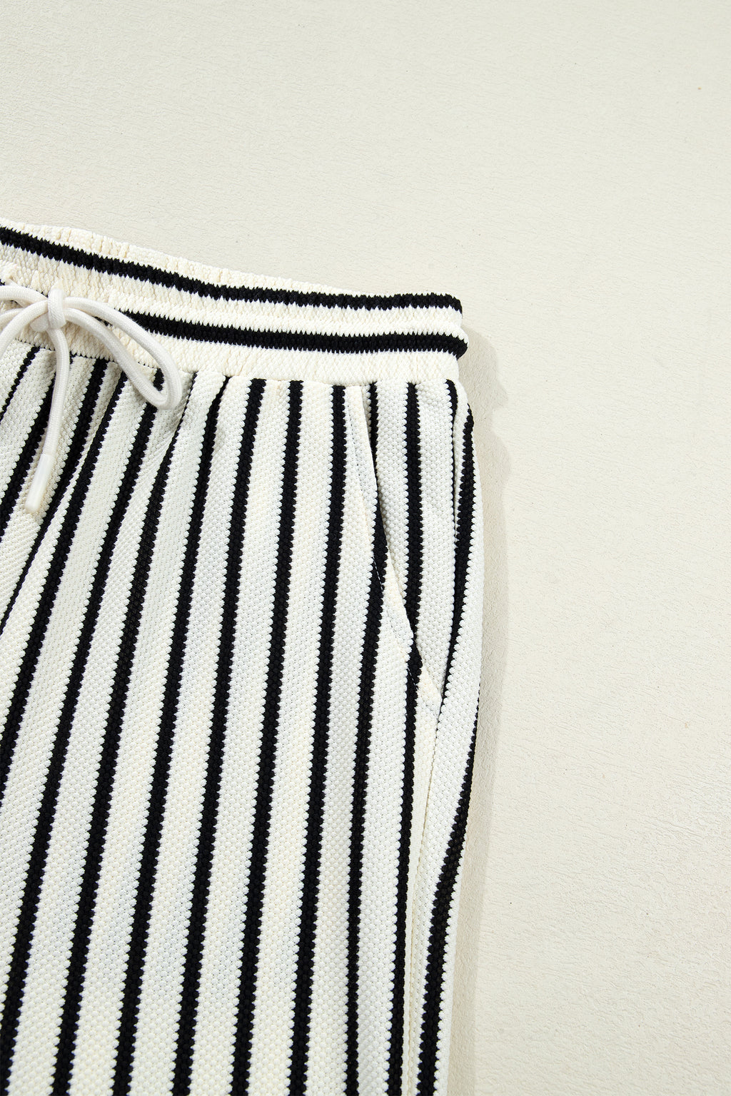 White Stripe Ruffle Trim Drop Shoulder Top Drawstring Loose Pant Set 🇺🇸