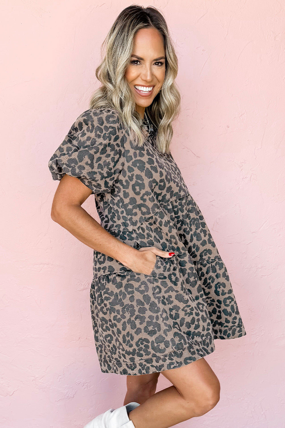 Brown Denim Leopard Printed Short Puff Sleeve Mini Dress 🇨🇳