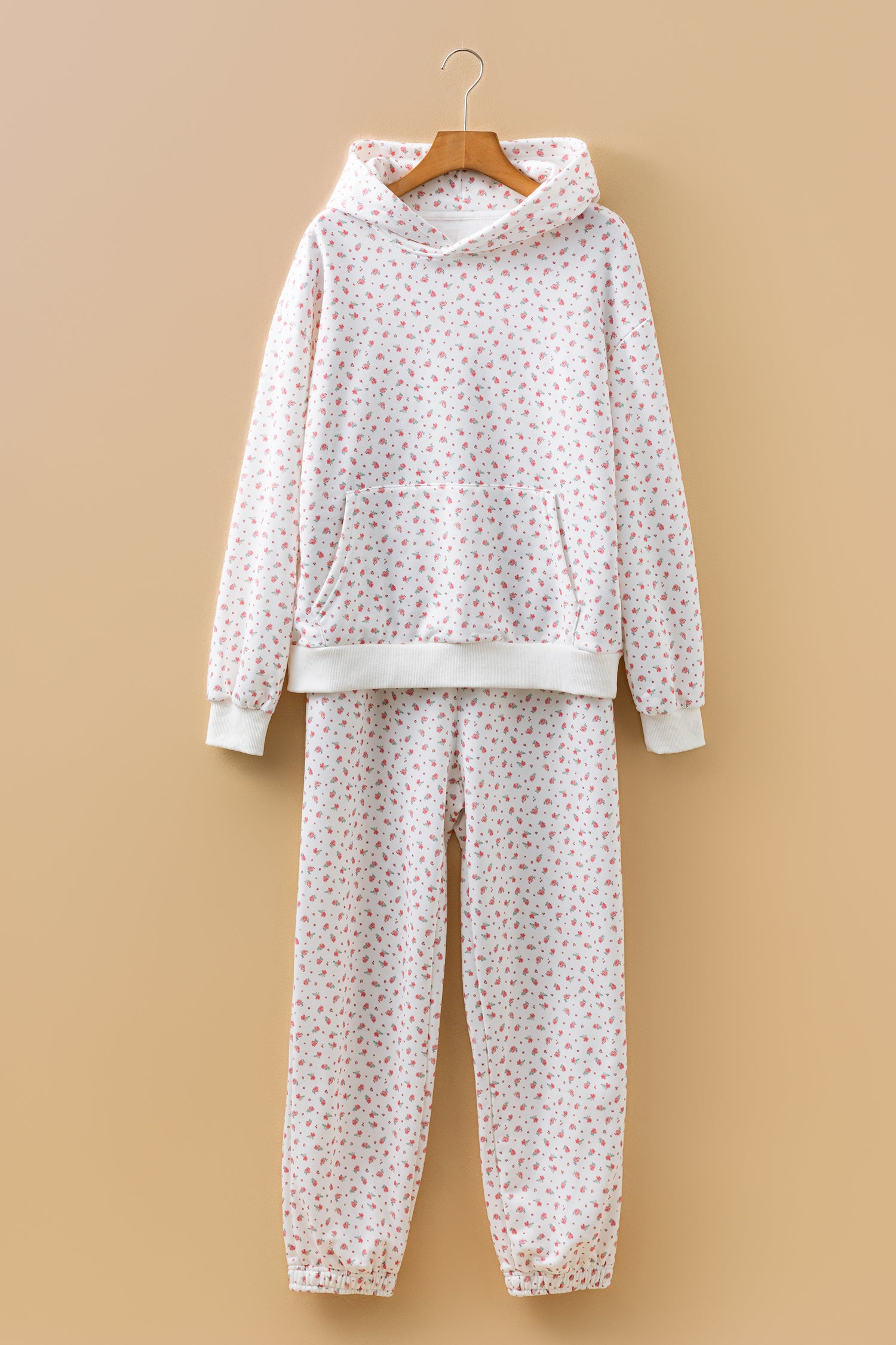 Pink Floral Print Kangaroo Pocket Hoodie Sheath Sweatpants Set 🇺🇸