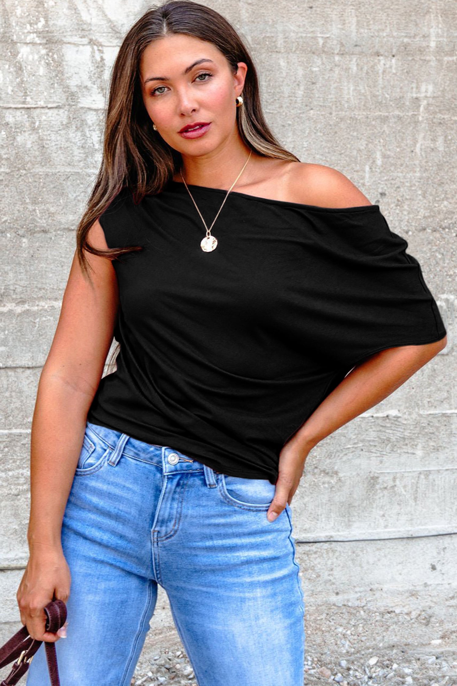 Black Plus Size Solid Color Asymmetric Neck Short Sleeve Blouse 🇺🇸