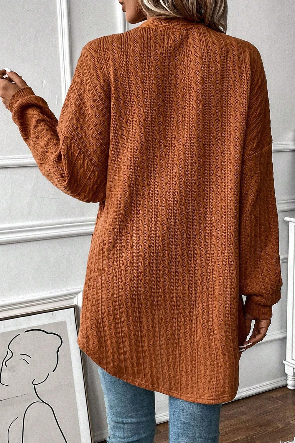 Chestnut Textured Knit Side Pockets Open Front Cardigan 🇨🇳