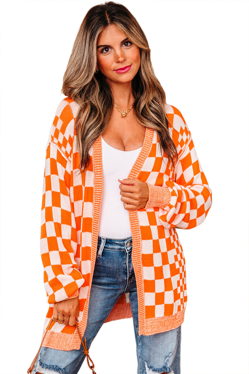 Orange Checkered Open Front Drop Shoulder Cardigan 🇺🇸