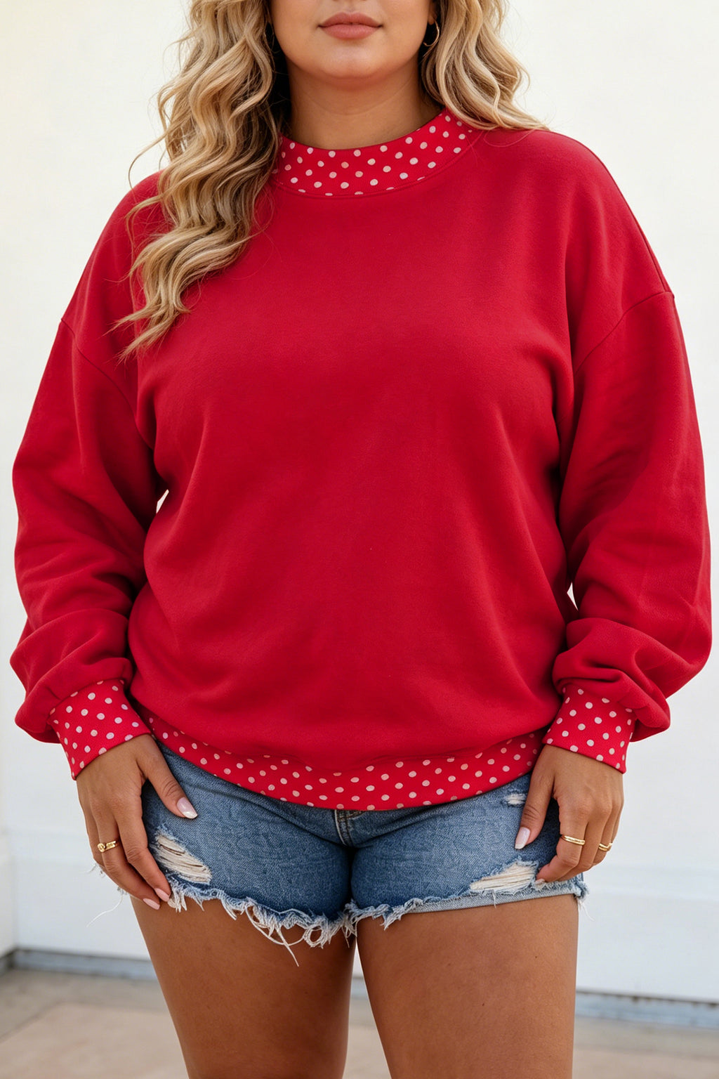 Red Polka Dot Patchwork Round Neck Plus Size Sweatshirt