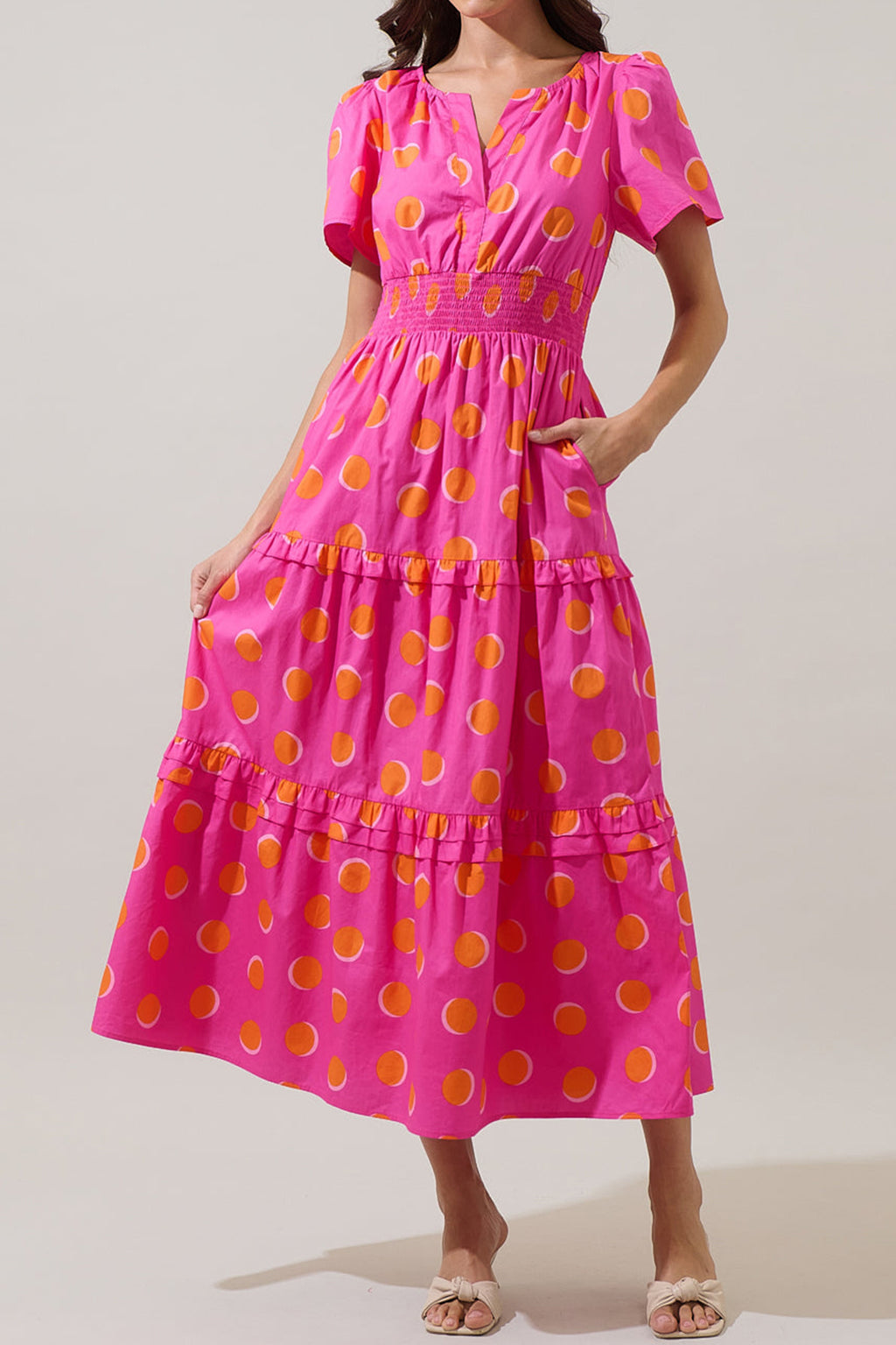 Rose Double Polka Dot Short Sleeve Shirred High Waist Midi Dress 🇺🇸
