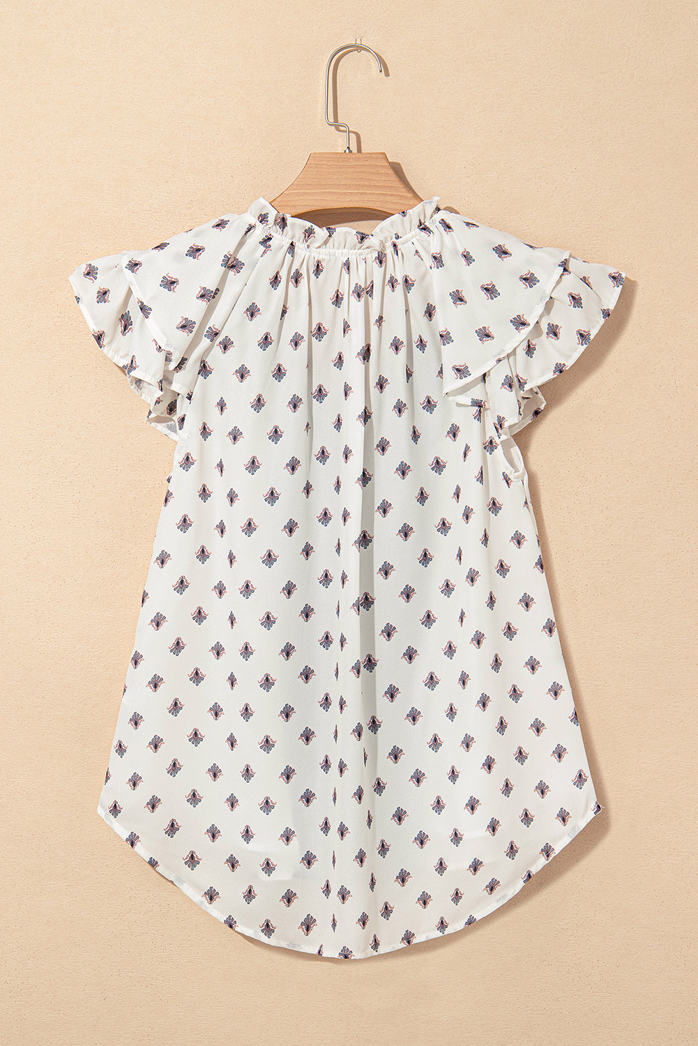 White Boho Pattern Tiered Ruffled Sleeve V Neck Buttoned Blouse 🇺🇲