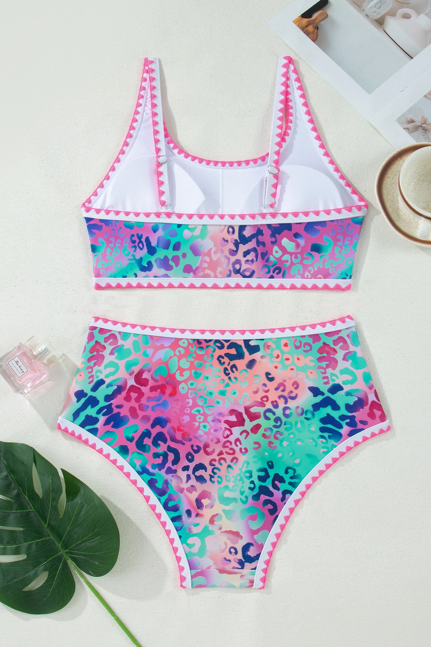 Pink Leopard Ricrac Trim Square Neck High Waist Bikini 🇺🇸