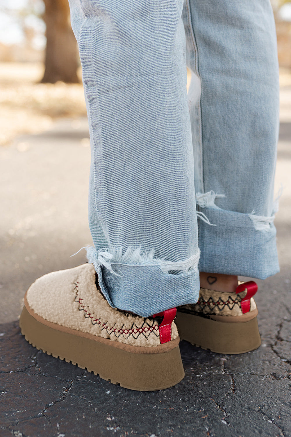 Oatmeal Soft Plush Embroidered Detail Flat Platform Slippers 🇺🇸