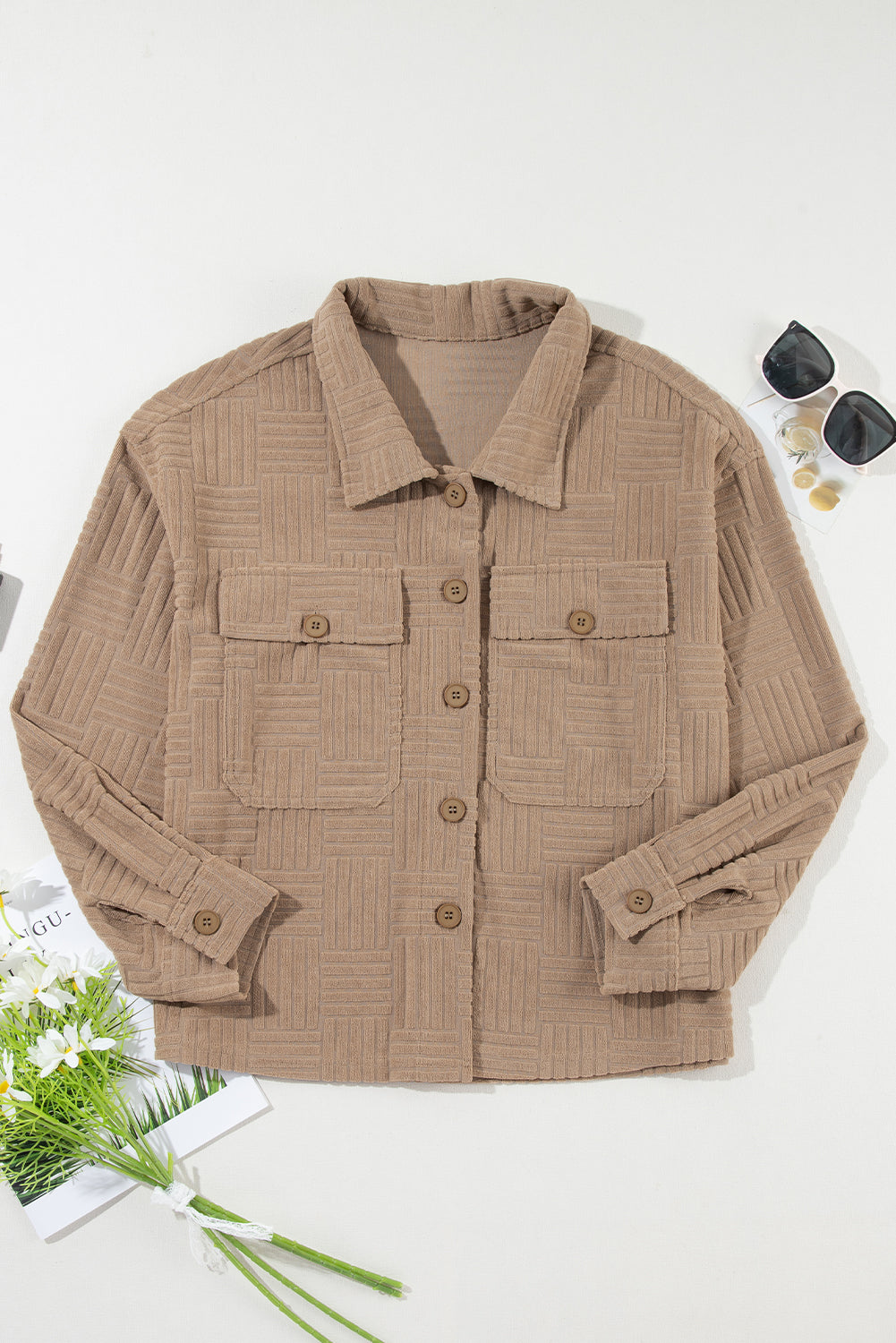 Dark Khaki Textured Chest Pocket Button-up Shacket 🇺🇸