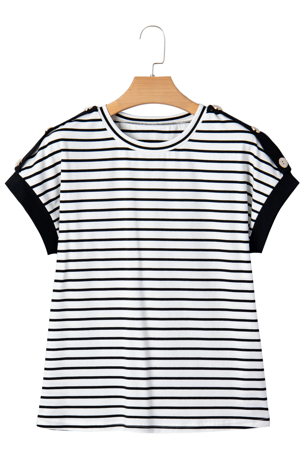 Black Stripe Cuffed Sleeve Button Detail Loose Tee 🇺🇸