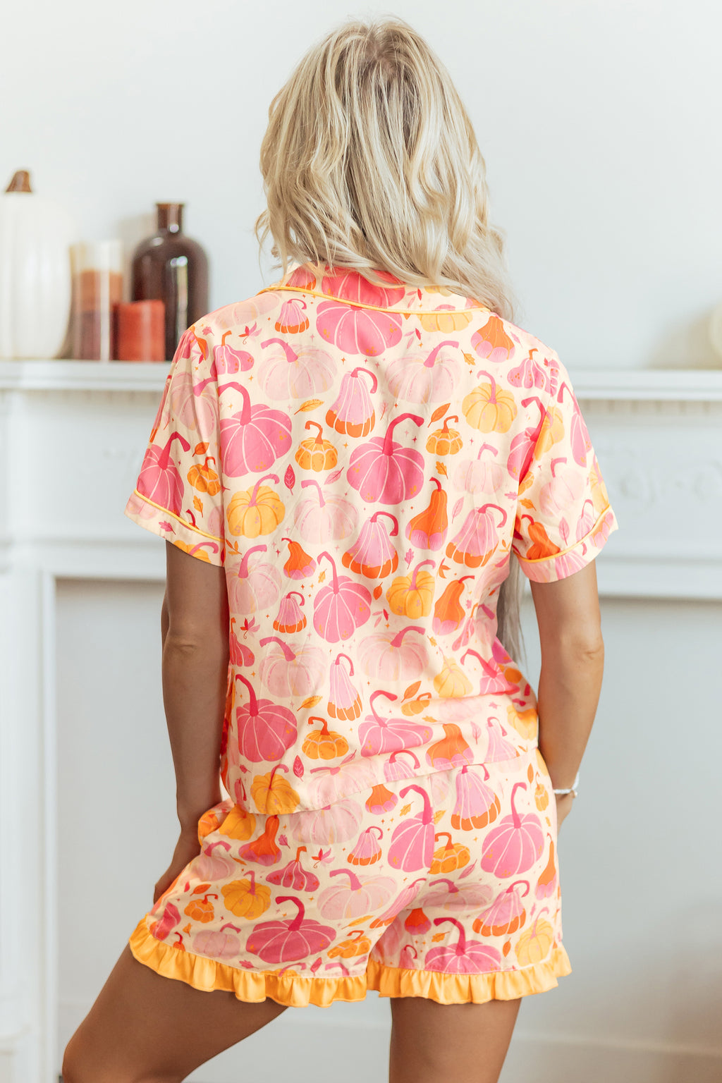 Pink Short Sleeve Pumpkin Print Pocket Placket Shell Button Lounge Set 🇺🇸