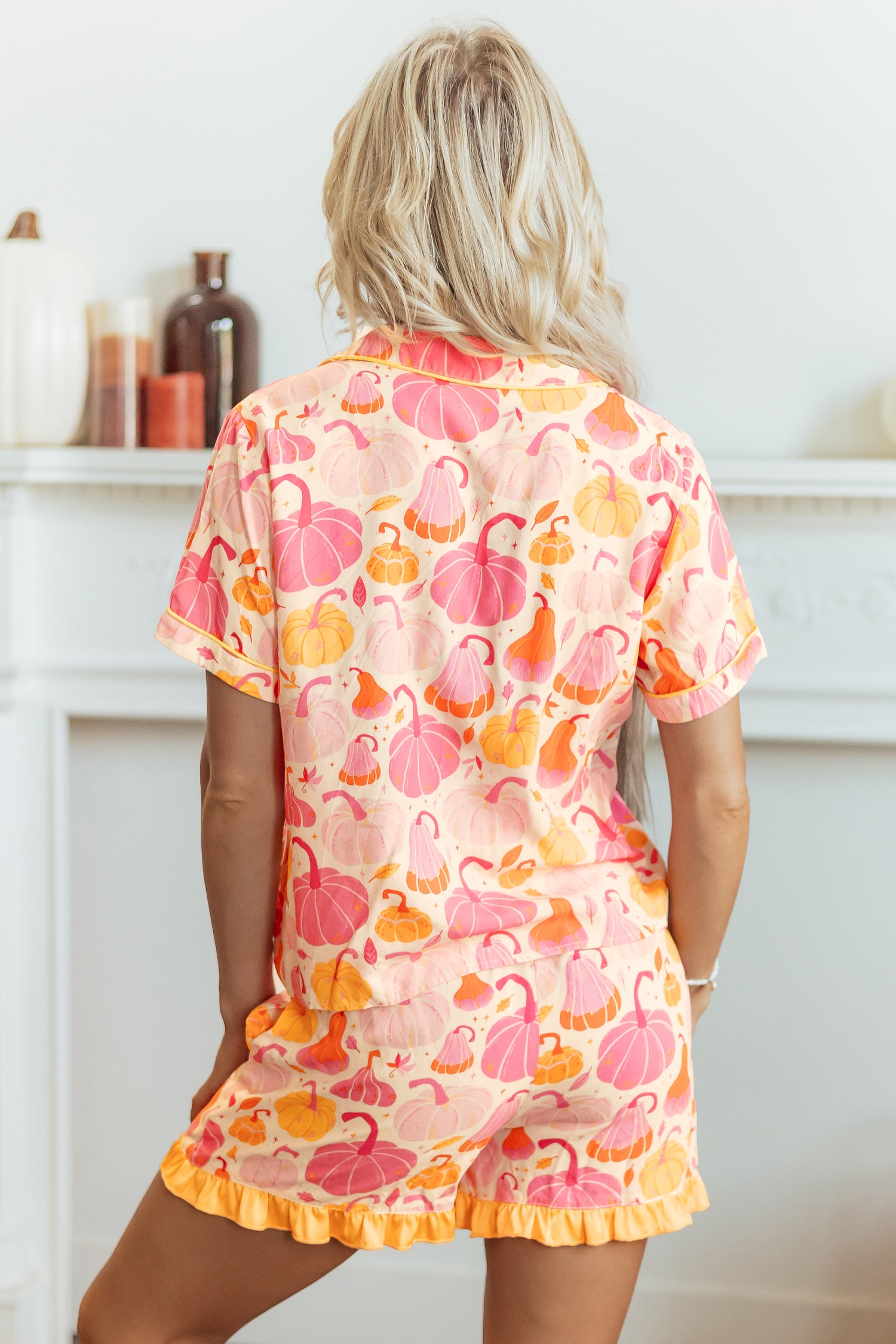 Pink Short Sleeve Pumpkin Print Pocket Placket Shell Button Lounge Set 🇺🇸