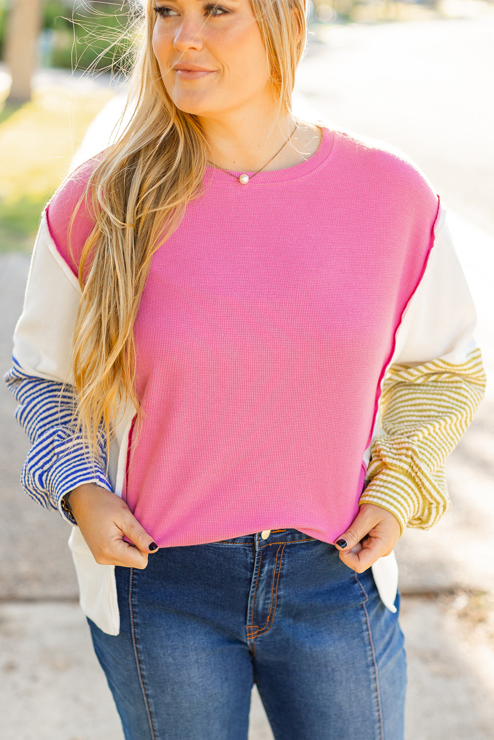 Rose Red Colorblock Patchwork Striped Puff Sleeve Plus Size Top with Slits 🇺🇲